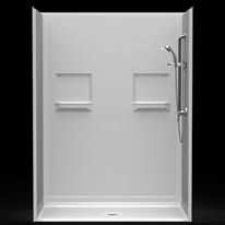A white shower stall with a shower head and shelves on a black background.