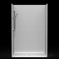 A white shower stall with a shower head on a black background.