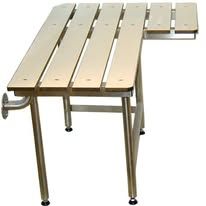 A wooden bench with stainless steel legs on a white background.