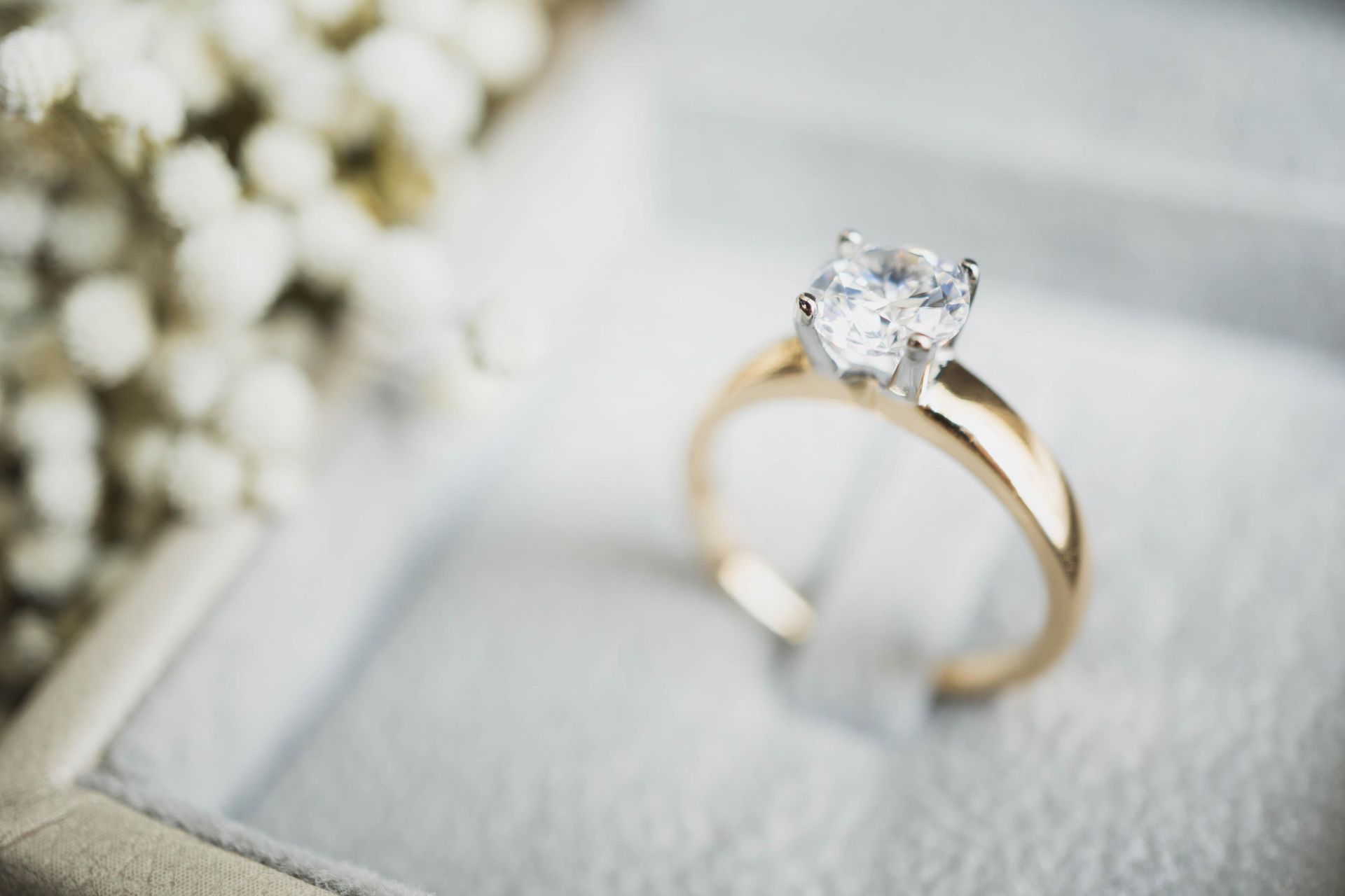 A close up of a diamond ring in a box.