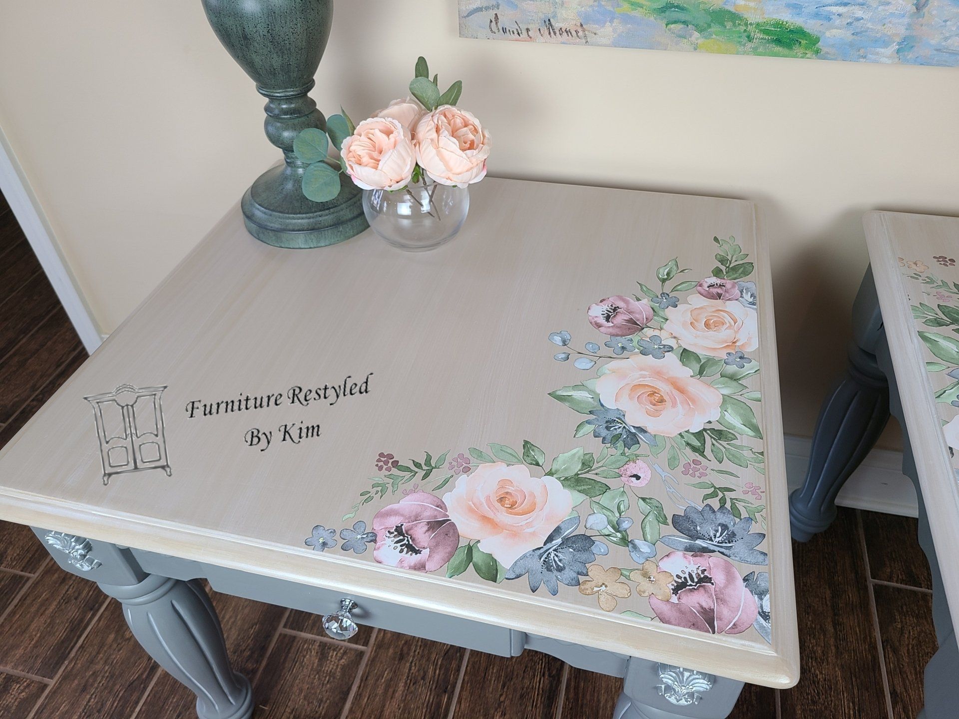 gray and cream table with rose paintings