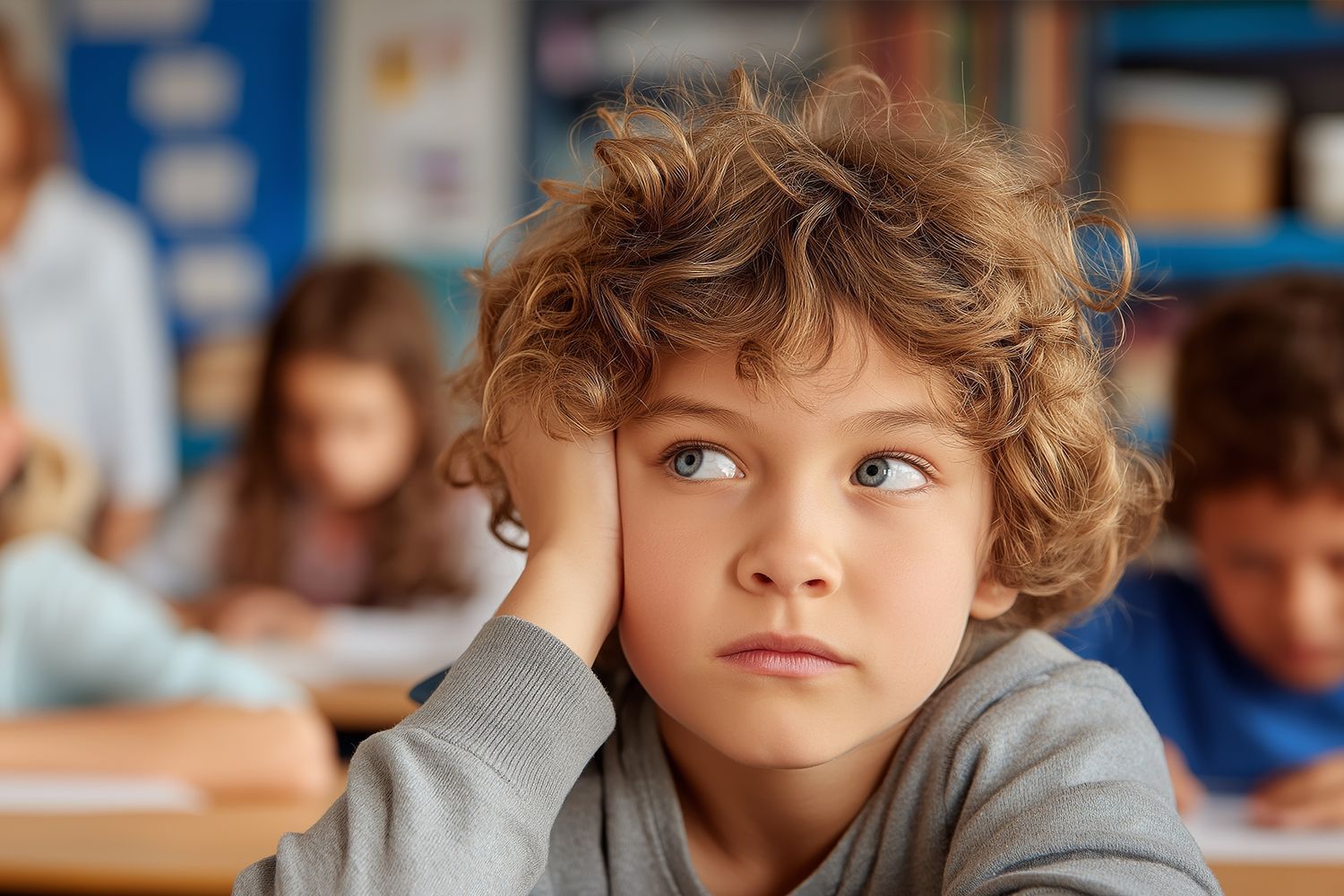 A distracted child sits among focused classmates as the teacher observes from behind.