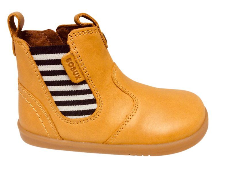 Yellow mini Chelsea boot with fun stripey detail and side zip.