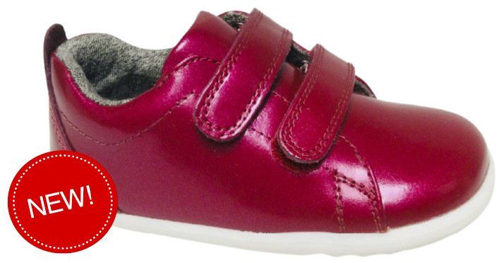 Waterproof cherry colour patent trainer with cotton lining from Pied Piper Chilldren's shoes Dumfries