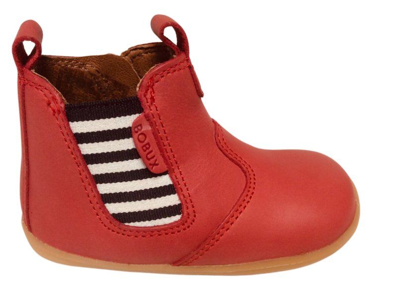 Red leather unisex Chelsea boot with fun stripey panel and side zip
