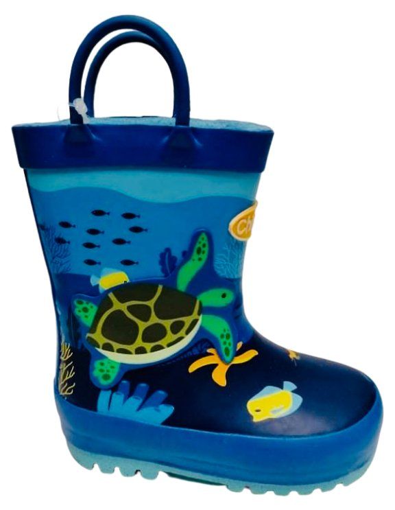 Blue wellington boot with fun turtle, fish and sea design from The Pied Piper Dumfries