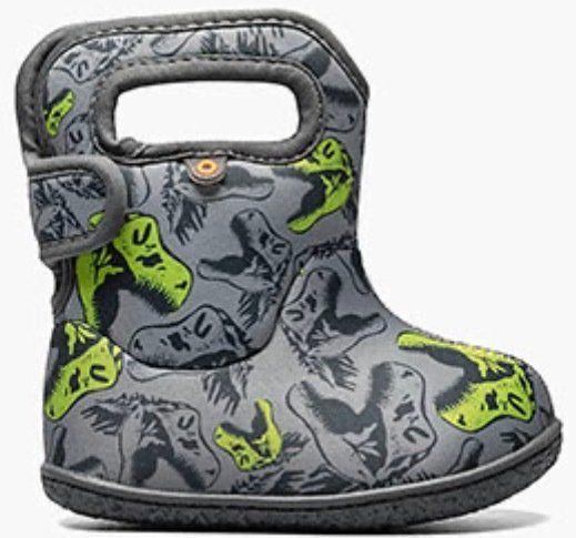 Boy's snow and rain boot with dinosaur design. Colour: Siler grey and green. Available from size 4*.