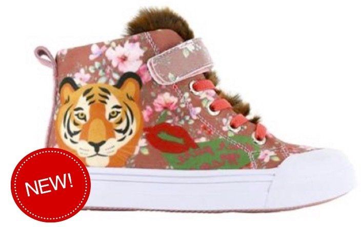 Amazing little splash-proof high top with tiger detailing and fur trim!