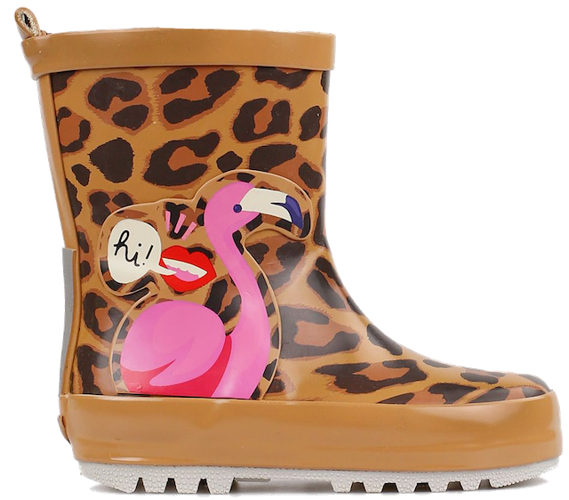 Fun leopard print girls wellington boot with flamingo design from Pied Piper Chilldren's shoes Dumfries