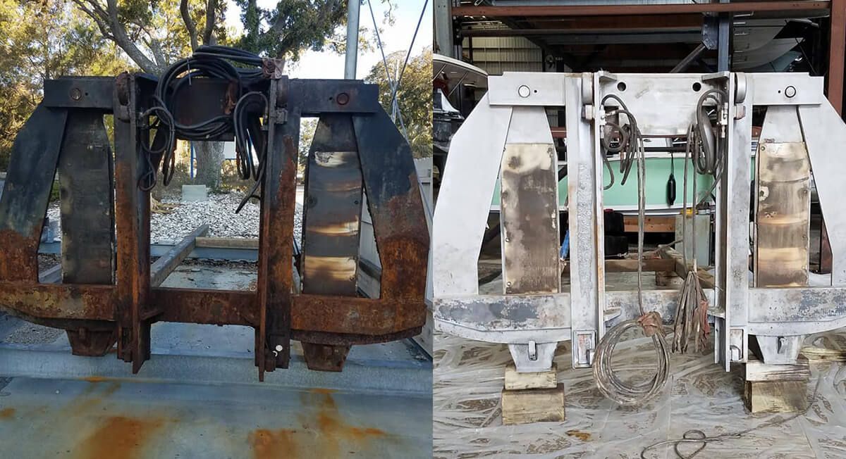 A rusty piece of metal is next to a white piece of metal