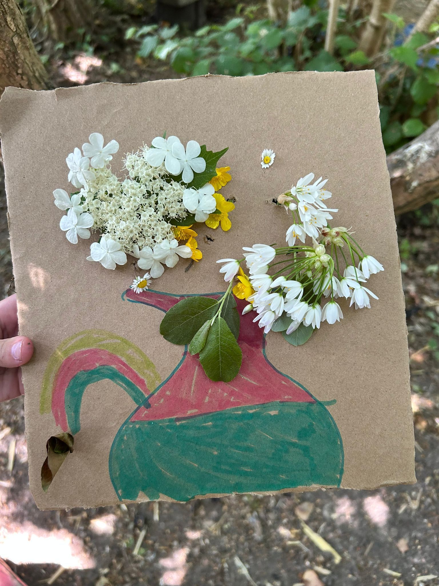 A drawing of a flower pot with flowers coming out of it, on a brown paper background.