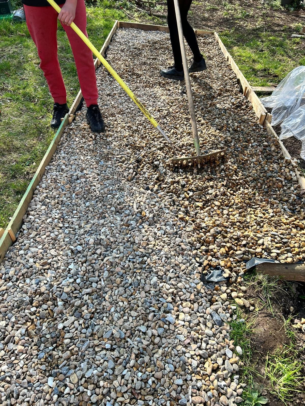 A person is raking gravel in a garden with a yellow rake.