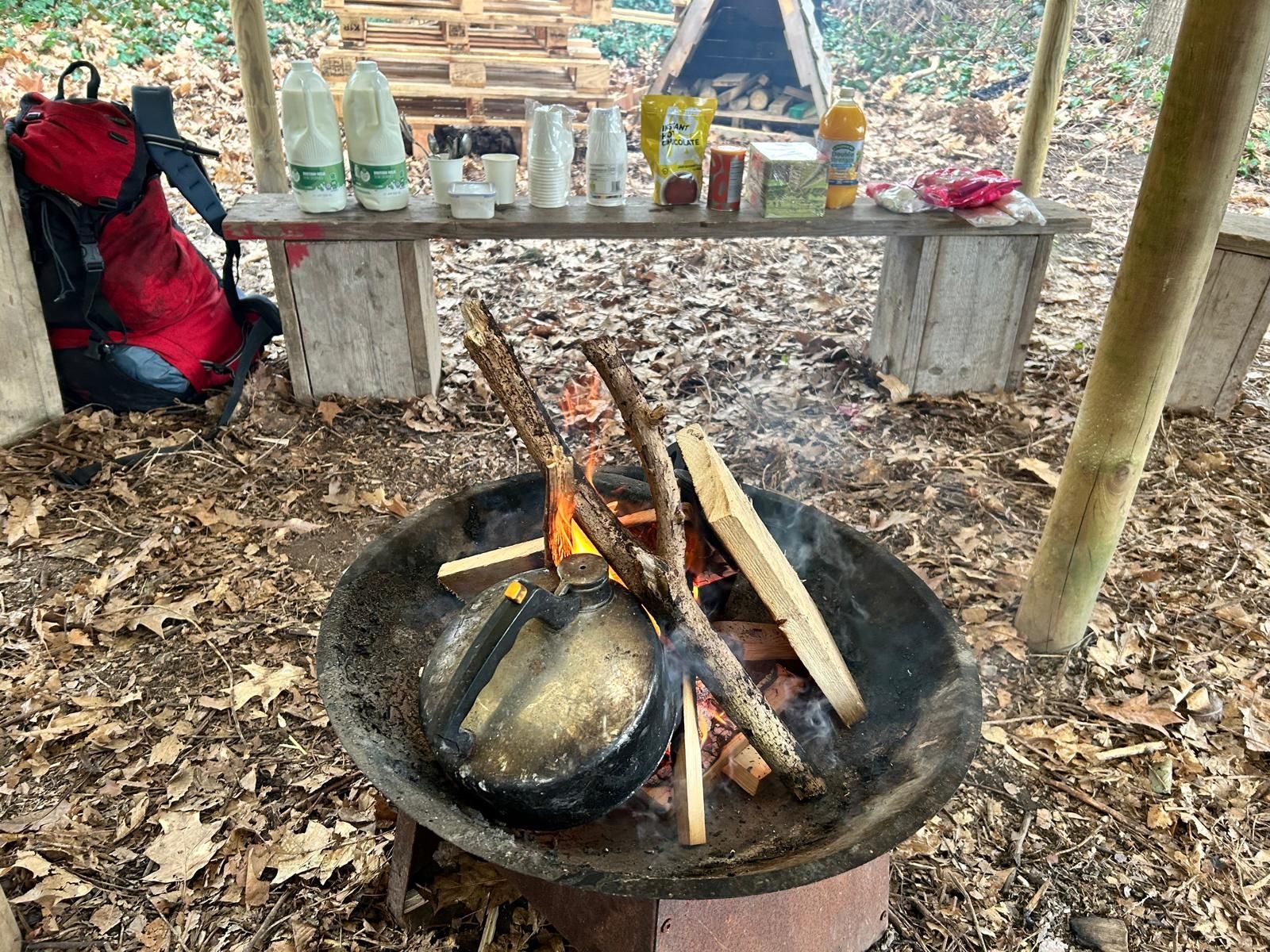 Two pans are cooking over a fire in a bowl.