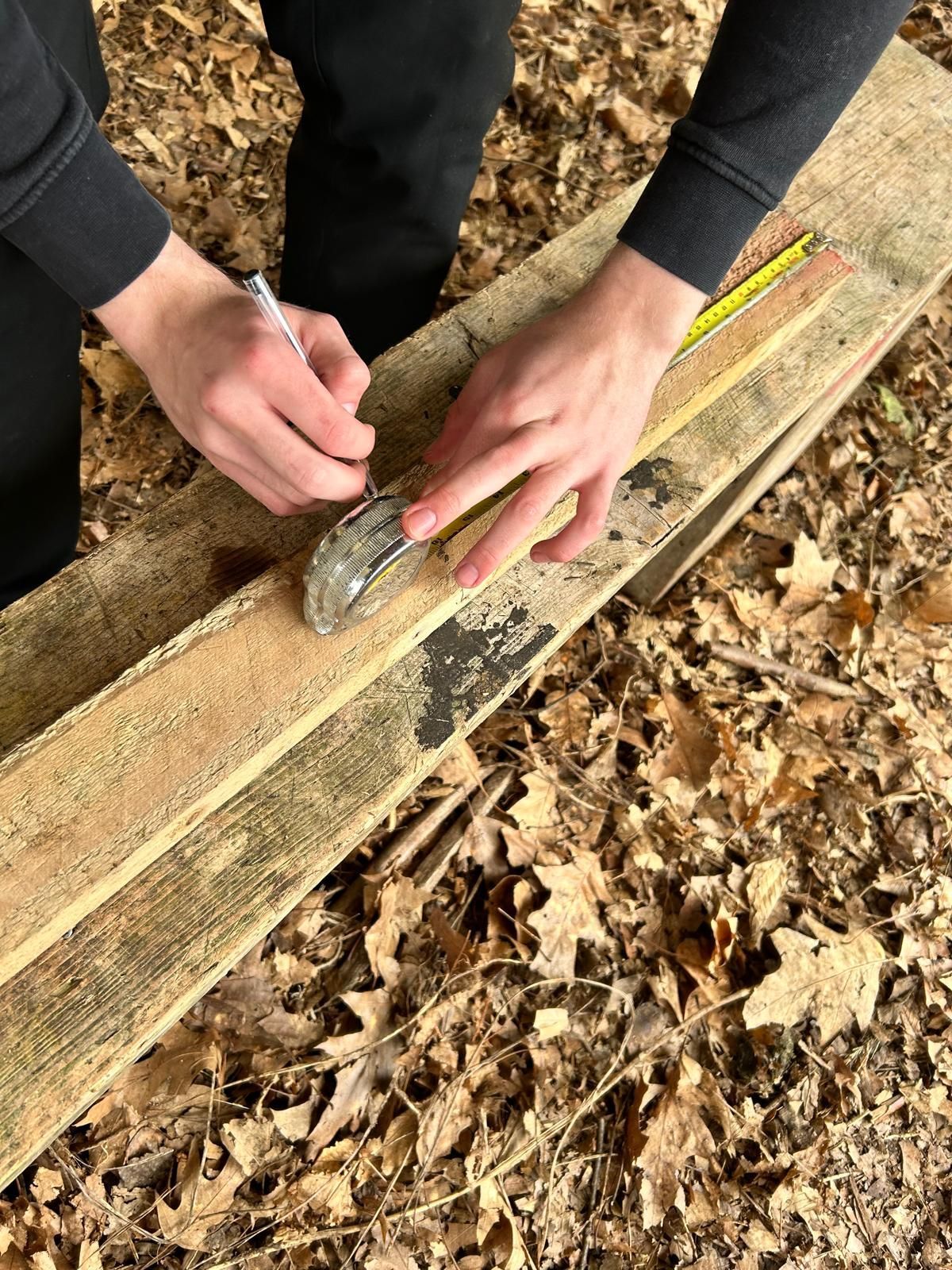 A person is measuring a piece of wood with a tape measure.