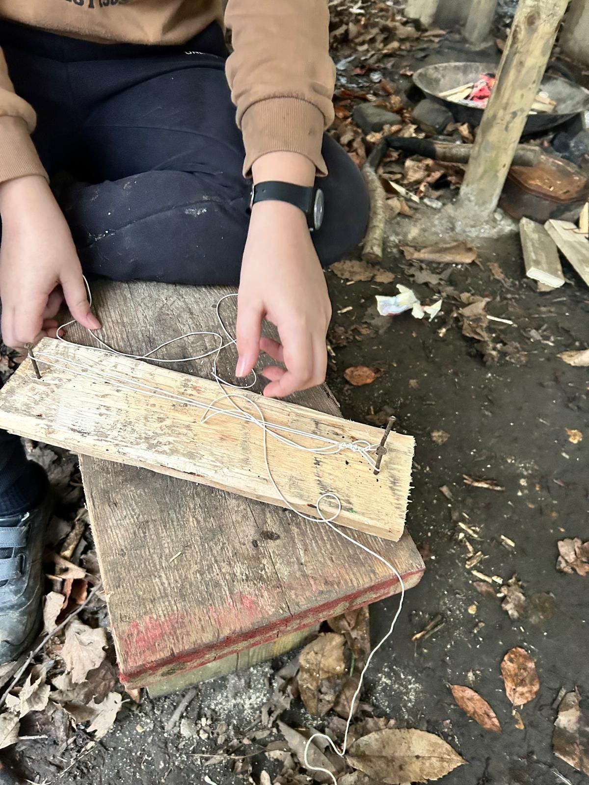 A person is cutting a piece of wood with a pair of scissors.