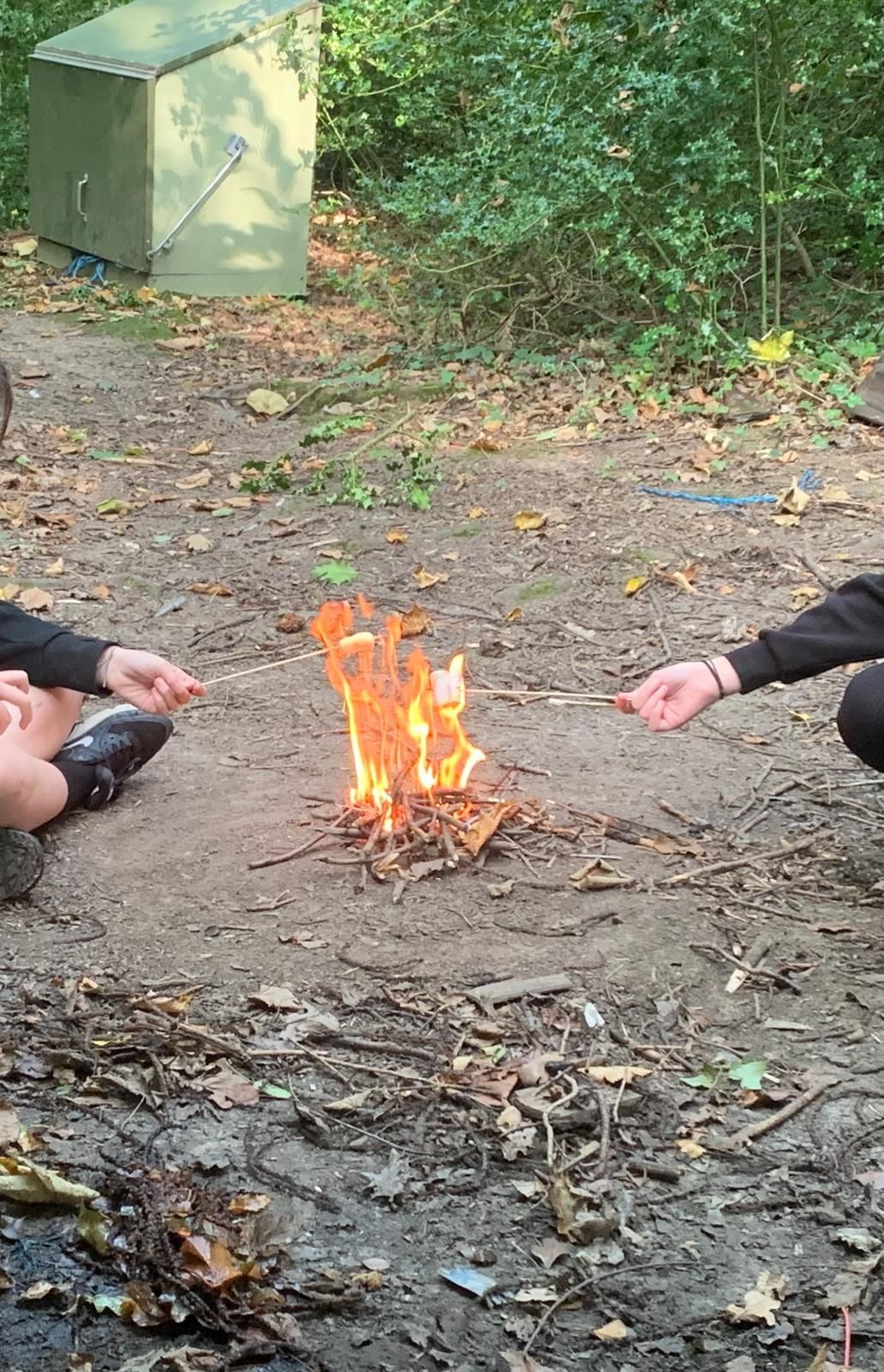 Two people are sitting around a fire roasting marshmallow