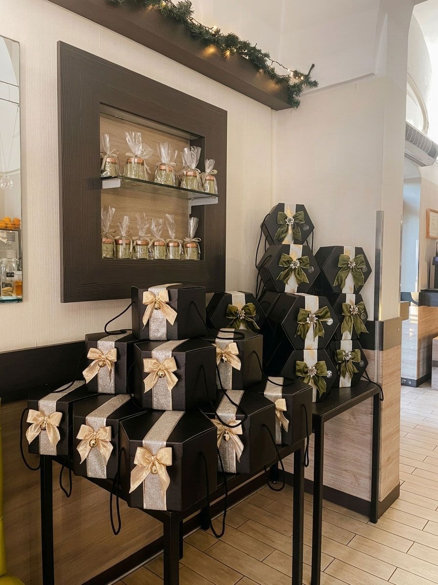 Sacchetti regalo neri con fiocchi bianchi sui tavoli in un negozio o in uno spazio eventi al coperto e decorato.