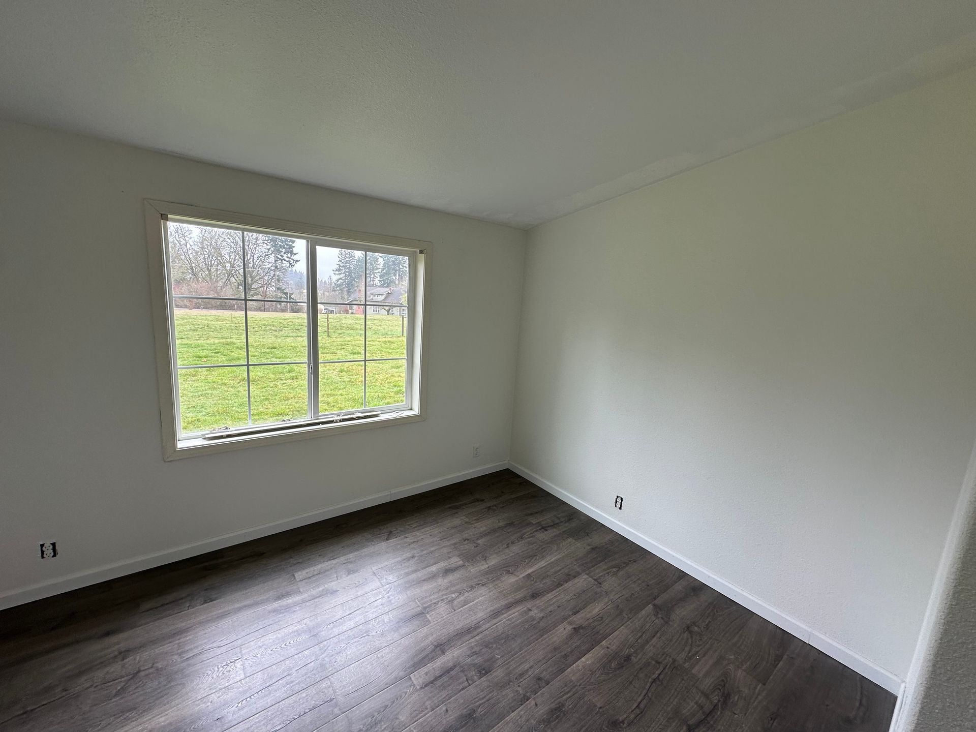 An empty room with neutral walls, a large window overlooking a green field, and dark wood-look plank flooring.