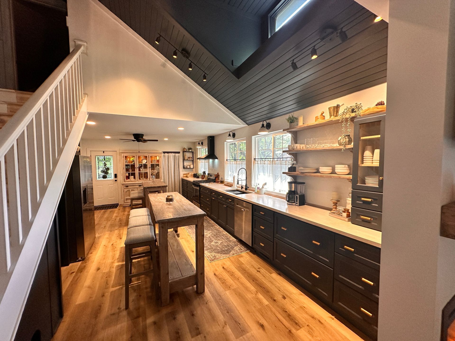 Dark shiplap vaulted ceiling