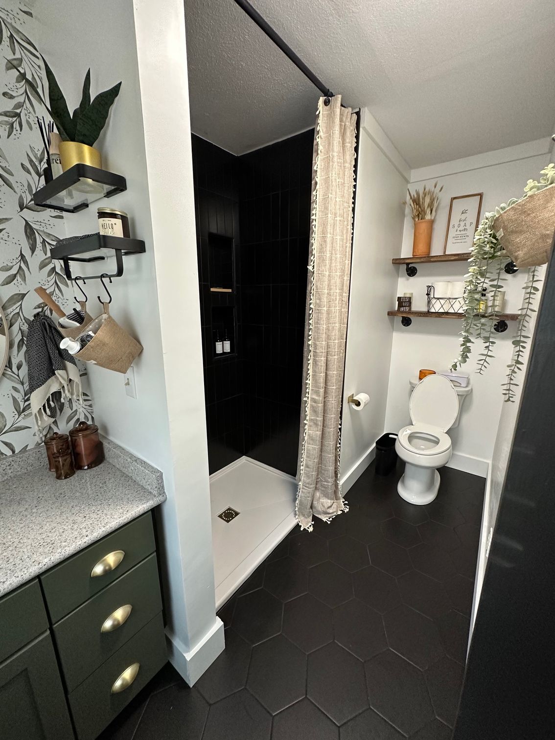 Matte black hexagon tile floors