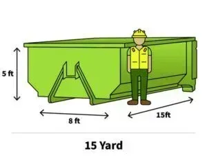 Green 15-yard dumpster with dimensions labeled, next to a person in work attire.