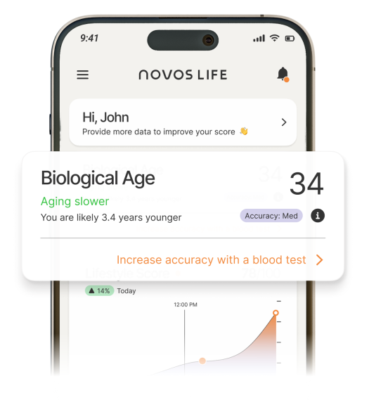 NOVOS Life app showing biological age