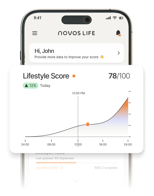 NOVOS Life app showing lifestyle score