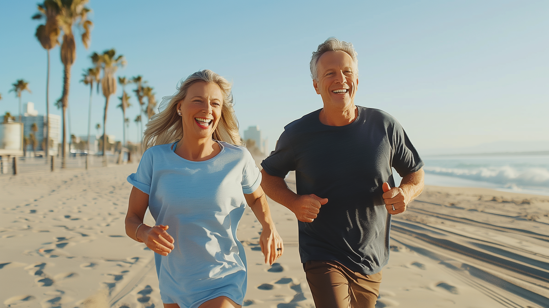 A couple running on the beach