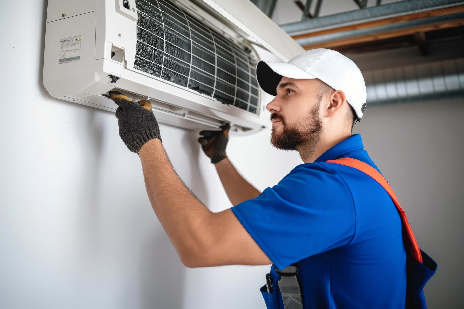 AC repair technician servicing wall-mounted air conditioner during routine maintenance.