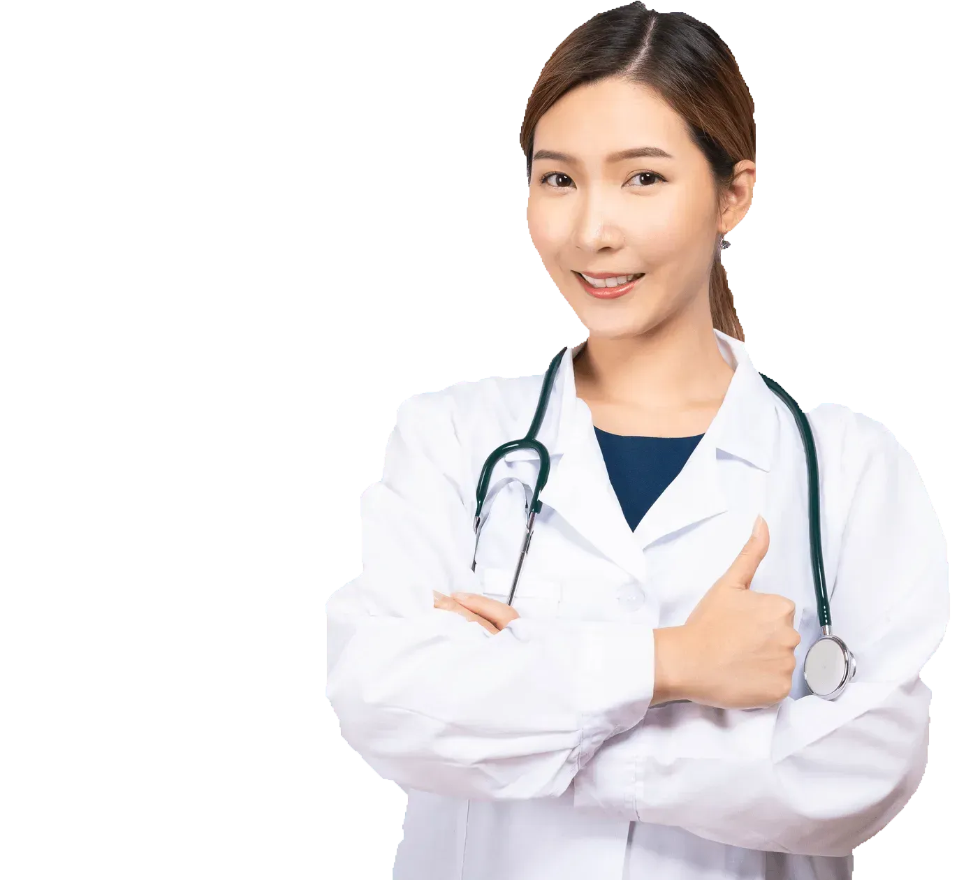 A female doctor with a stethoscope around her neck is giving a thumbs up. A female doctor with a stethoscope around her neck is giving a thumbs up.