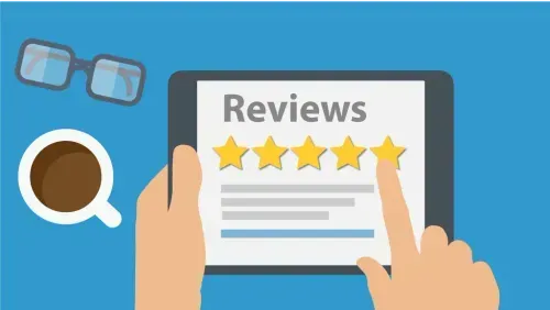 A person is holding a tablet with a review on it. A person is holding a tablet with a review on it.