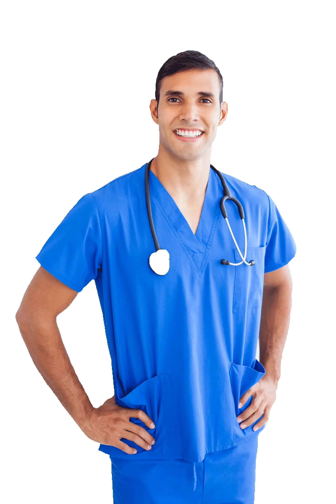 A man in a blue scrub with a stethoscope around his neck. A man in a blue scrub with a stethoscope around his neck.