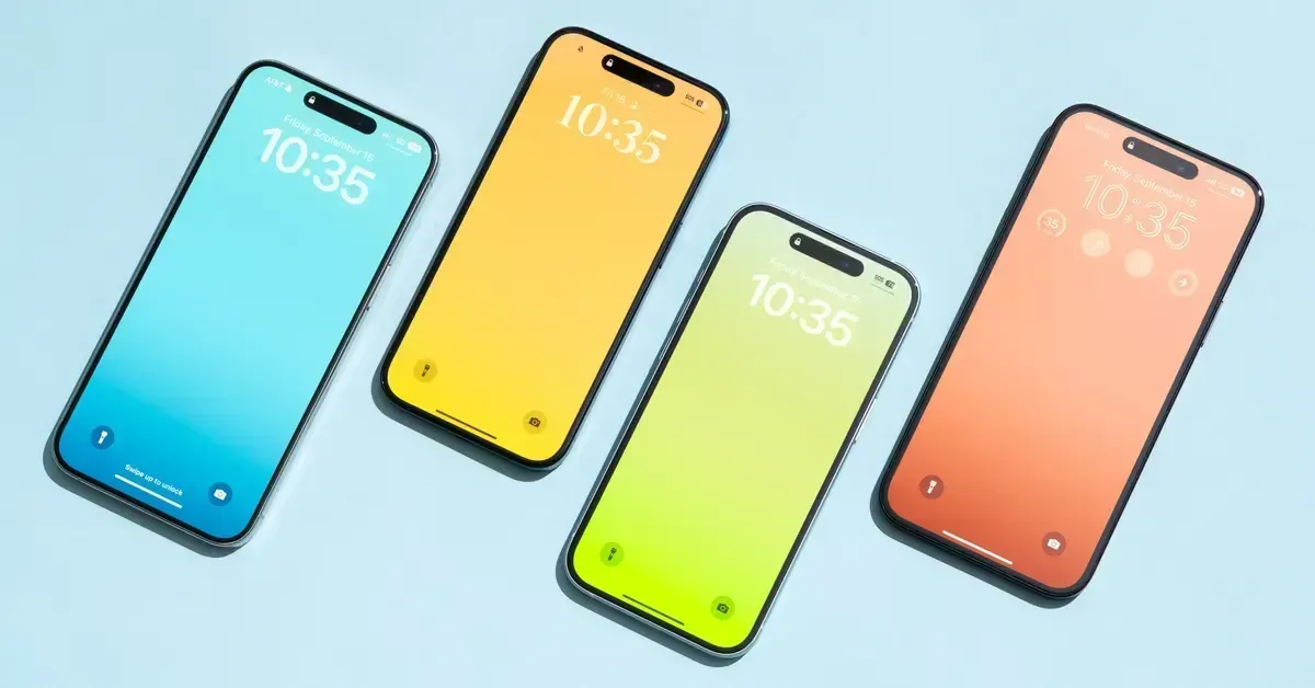 Four smartphones of different colors are sitting next to each other on a blue surface. Four smartphones of different colors are sitting next to each other on a blue surface.