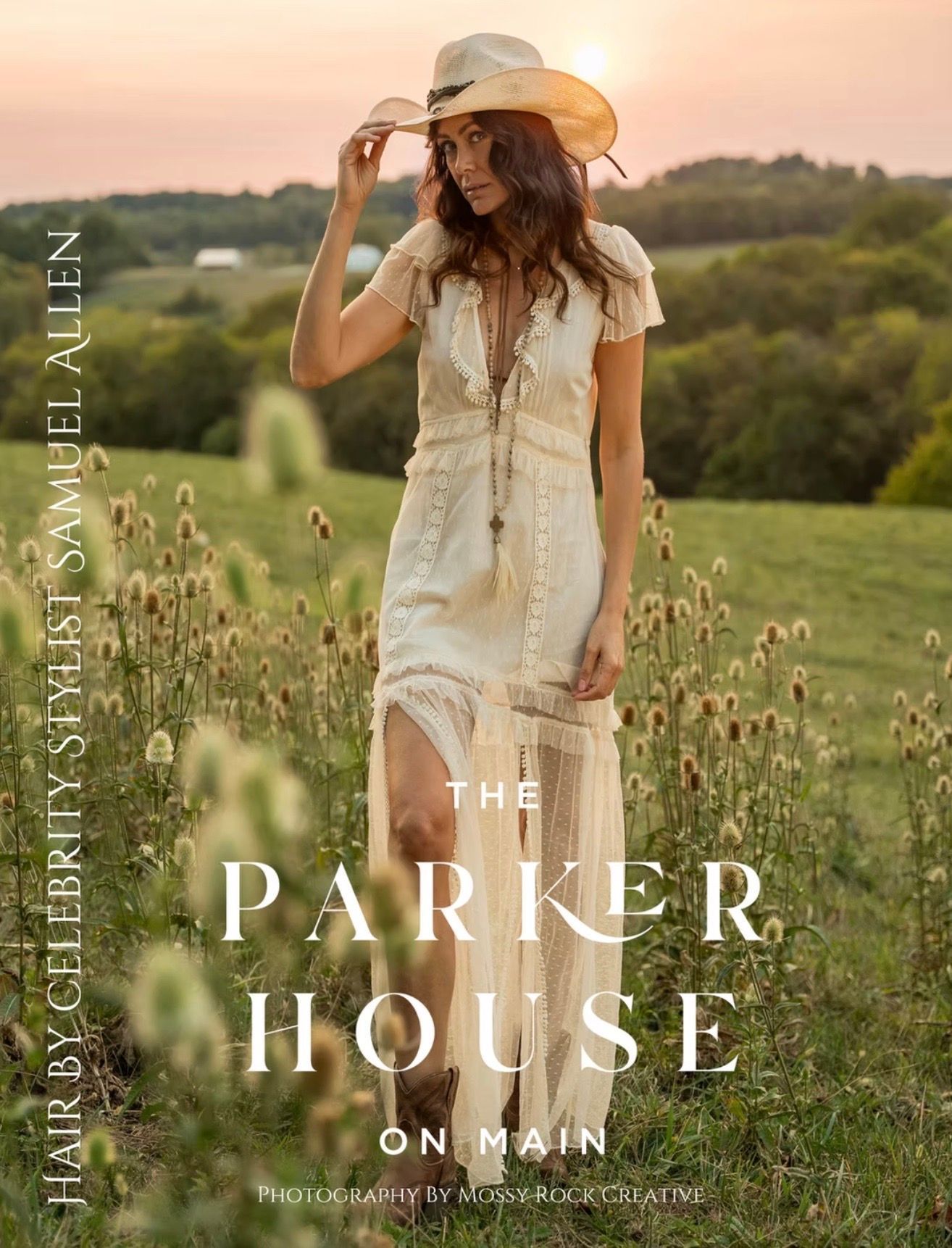 Woman in cream dress and hat, outdoors, 