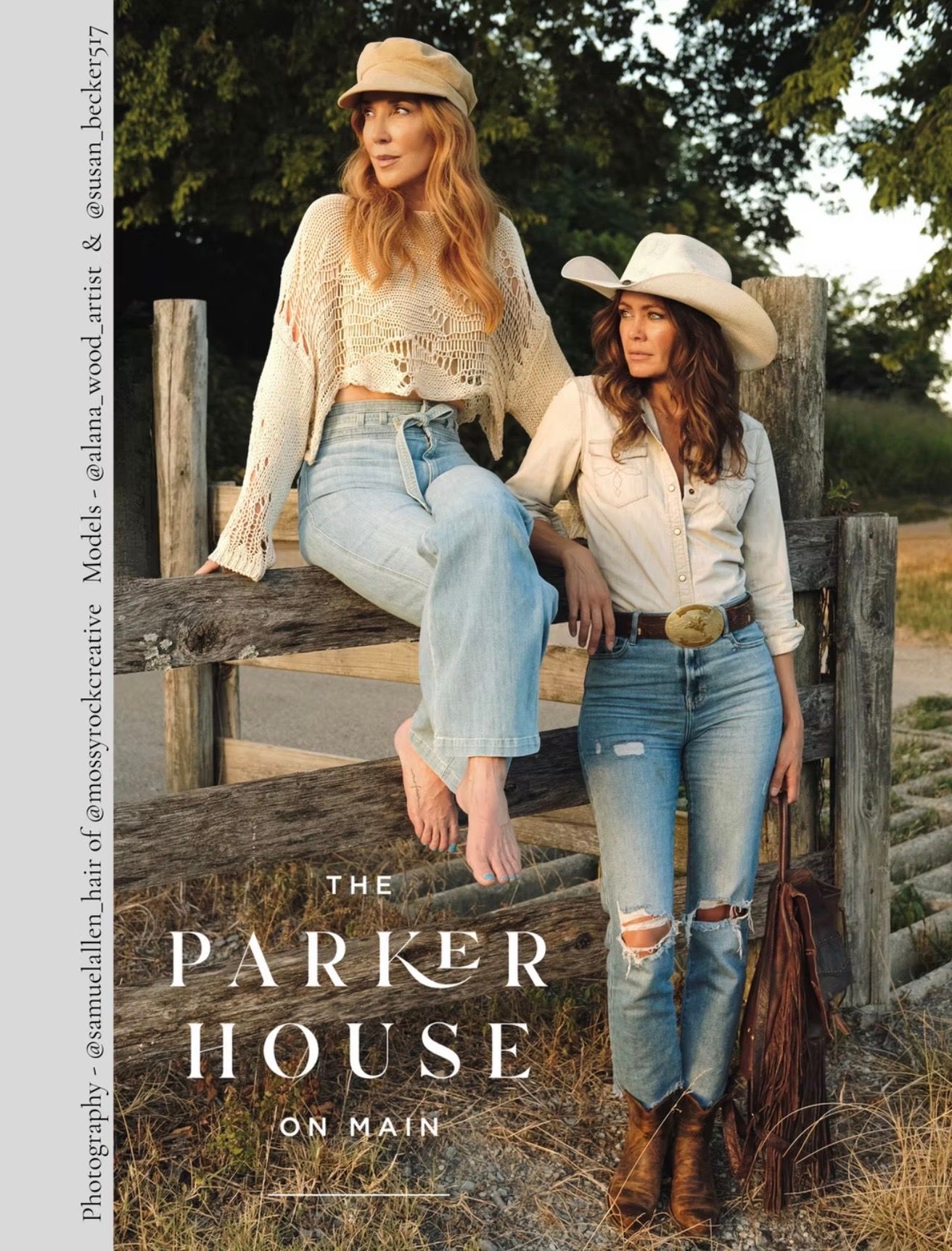 Two women on a fence, one barefoot, in jeans and Western wear, 