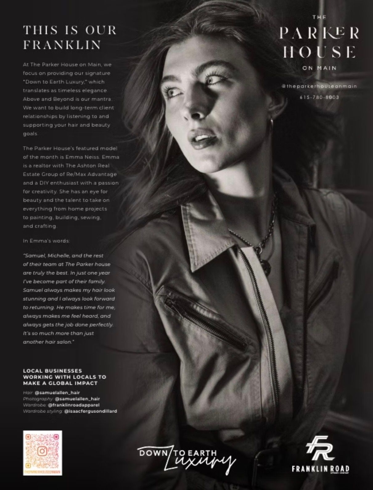 Woman in a jacket, looking up. Text: Franklin House, 