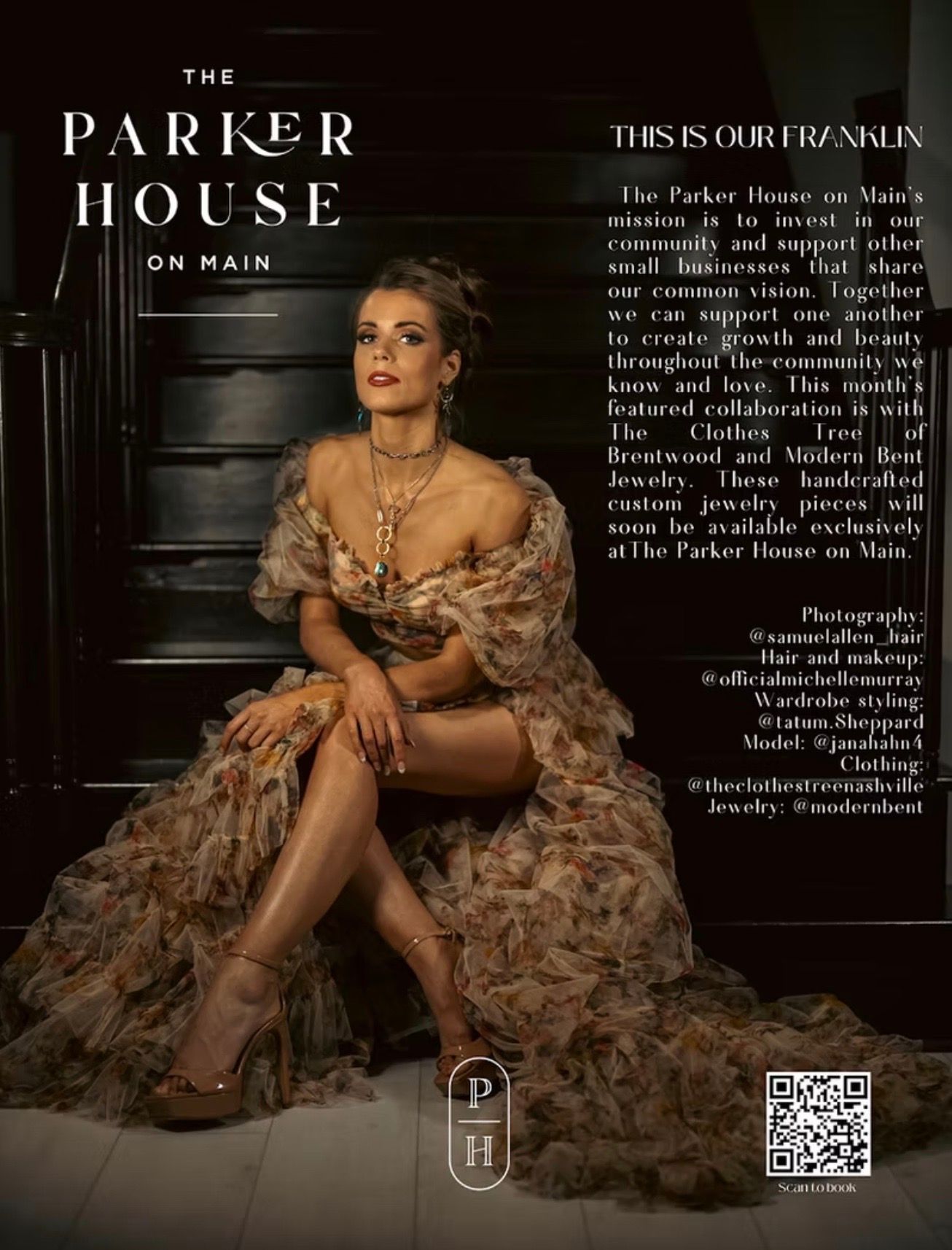 Woman in formal dress on staircase, advertisement for The Parker House on Main.