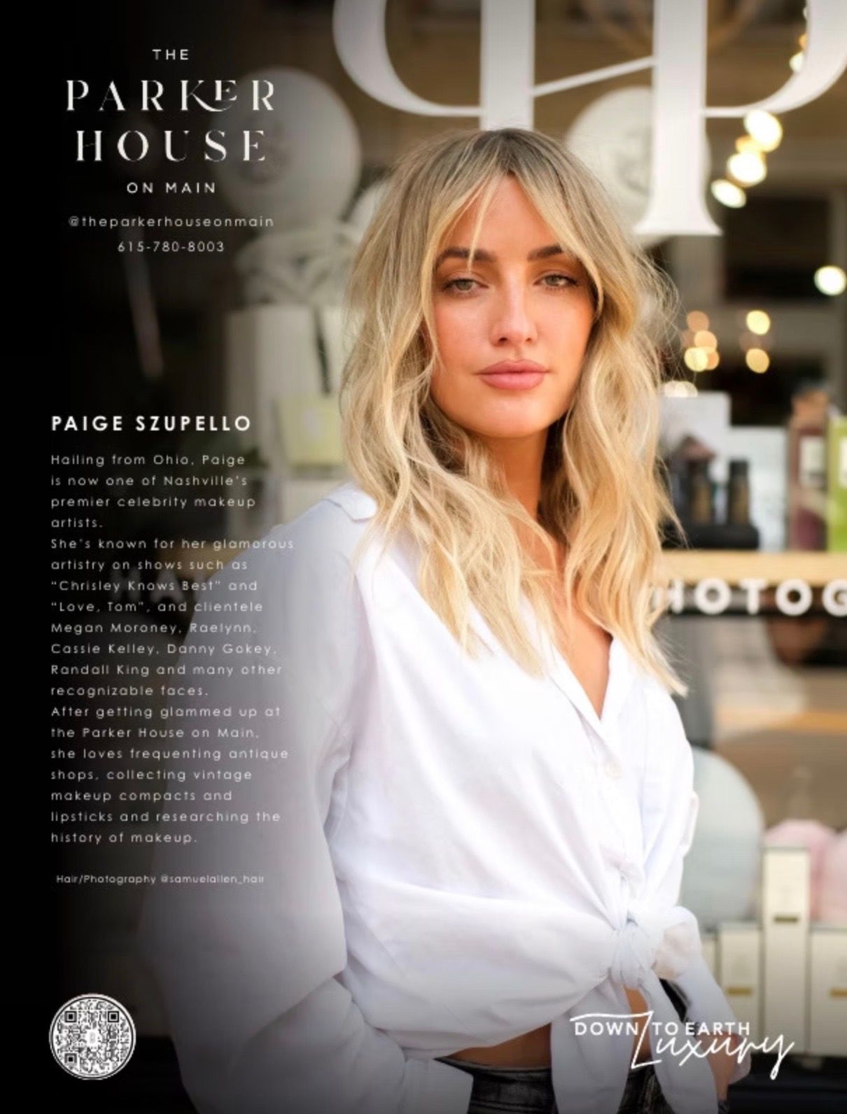 Woman with blonde hair in front of a salon, text overlay reads 