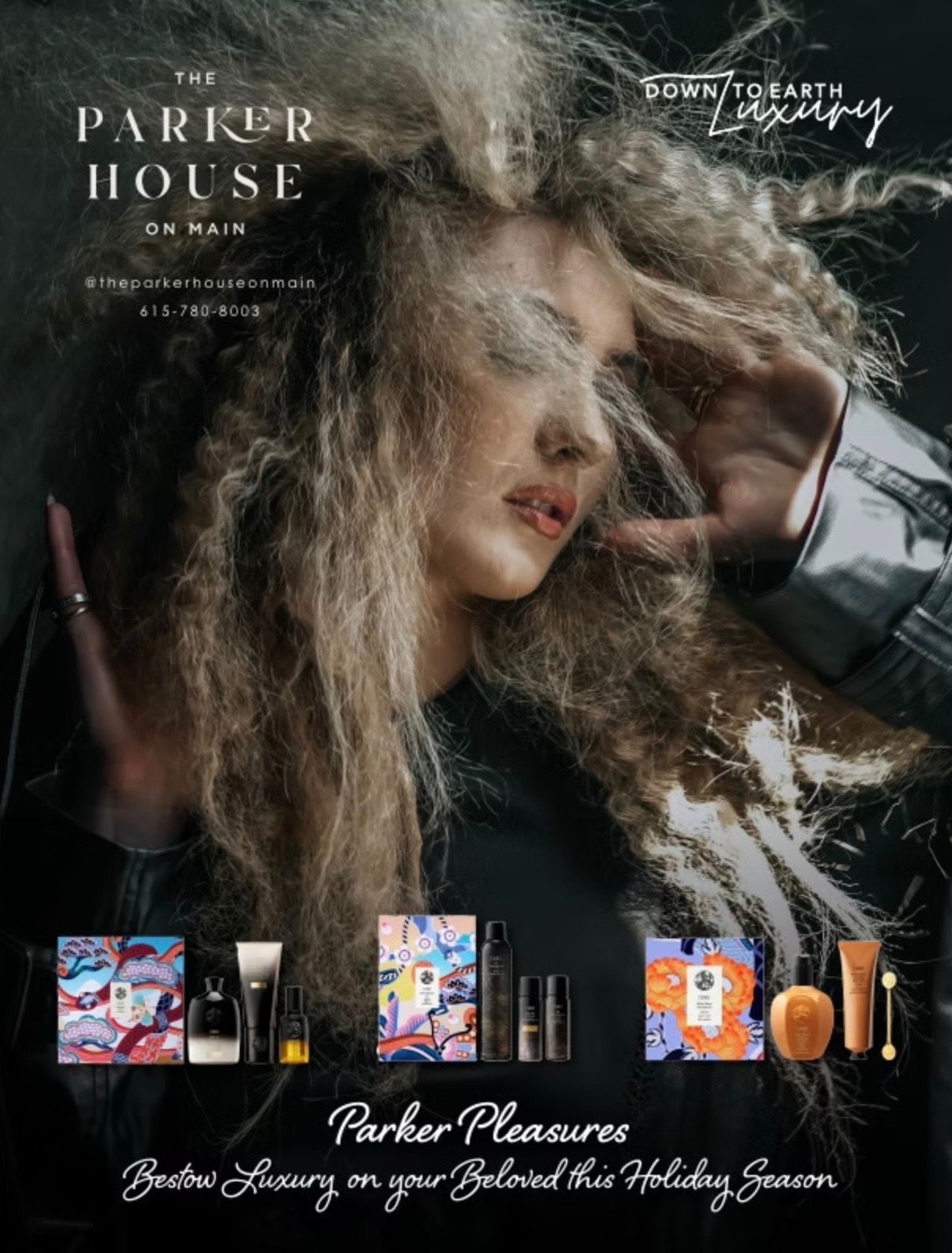 Advertisement for The Parker House featuring a woman with curly hair and beauty products.