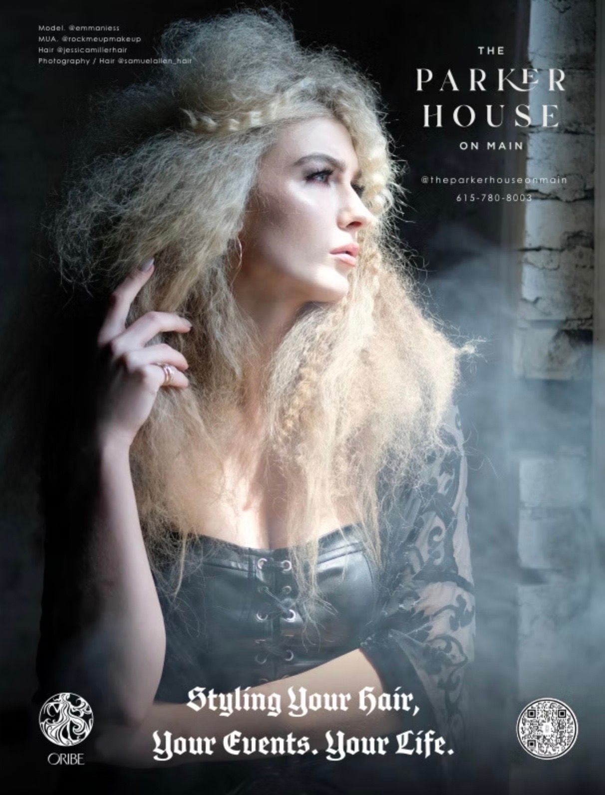 Woman with voluminous blonde hair, styled, dark bodice. Advertising for The Parker House salon.