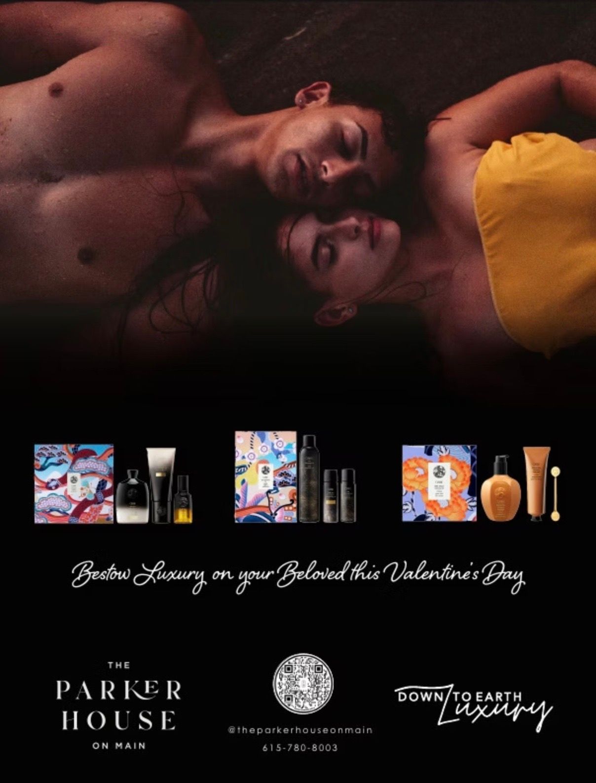 Couple relaxing, luxury skincare products. Valentine's Day promotion, dark setting.