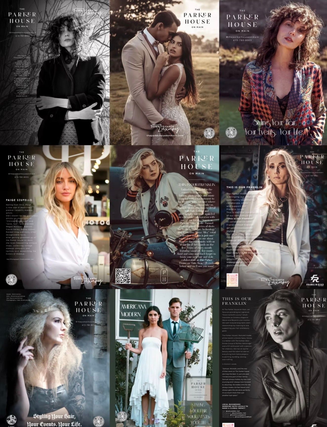 Nine magazine-style covers featuring models in various fashion settings.
