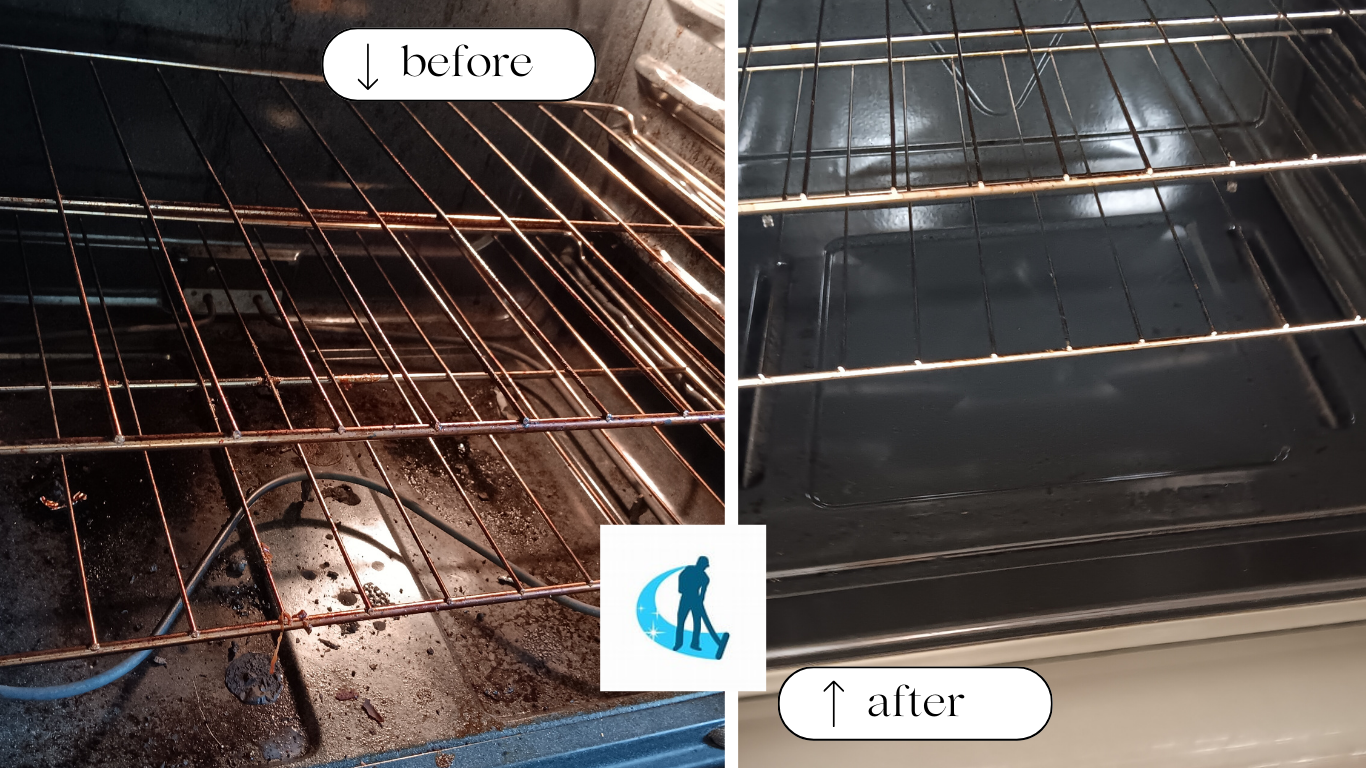 A before and after picture of a dirty oven.