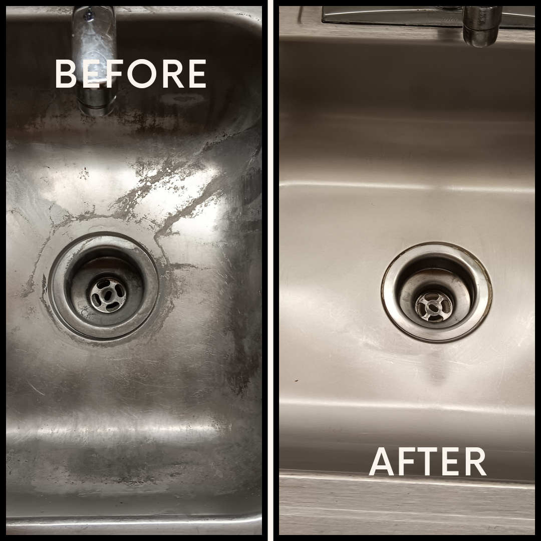 A before and after photo of a stainless steel sink