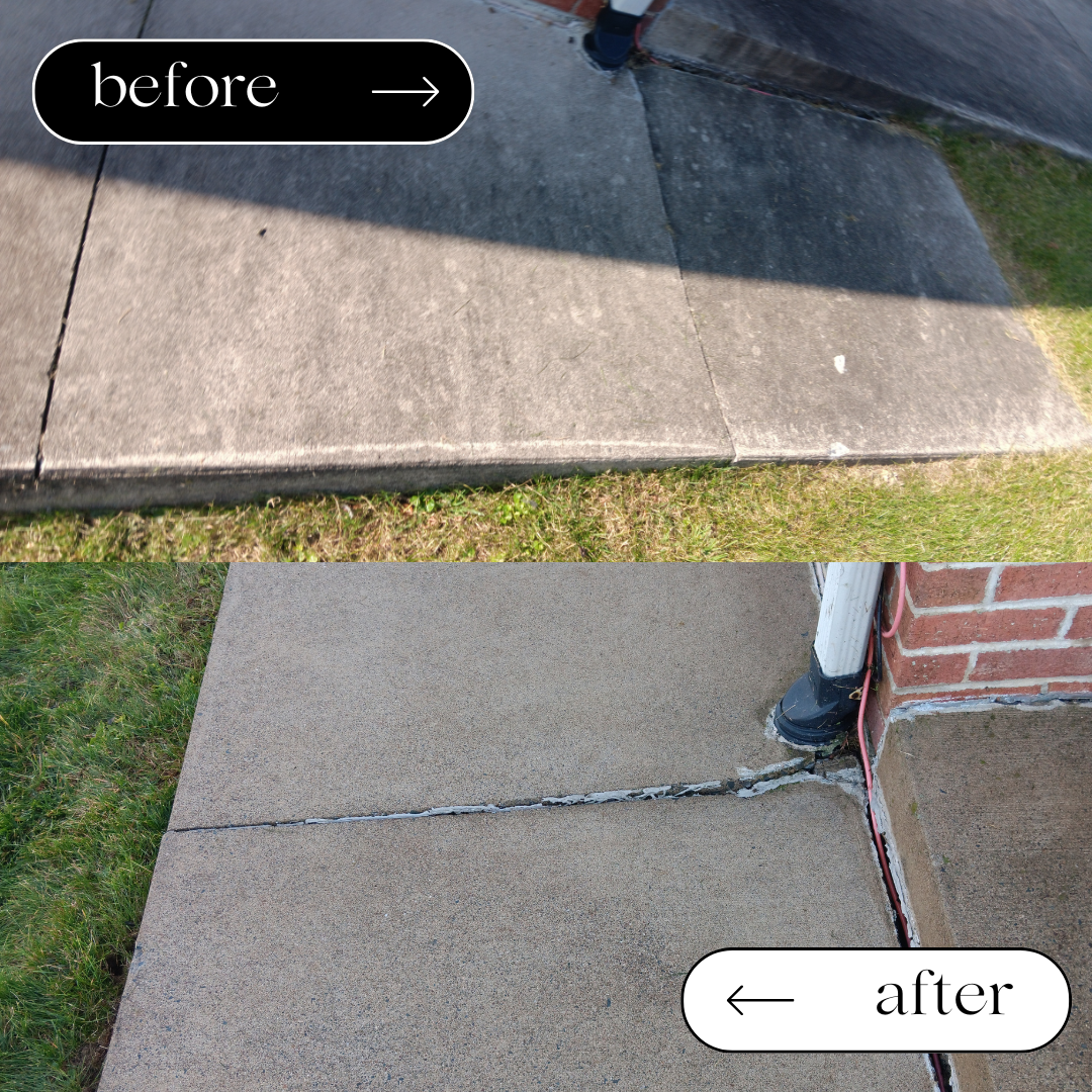 A before and after photo of a concrete sidewalk