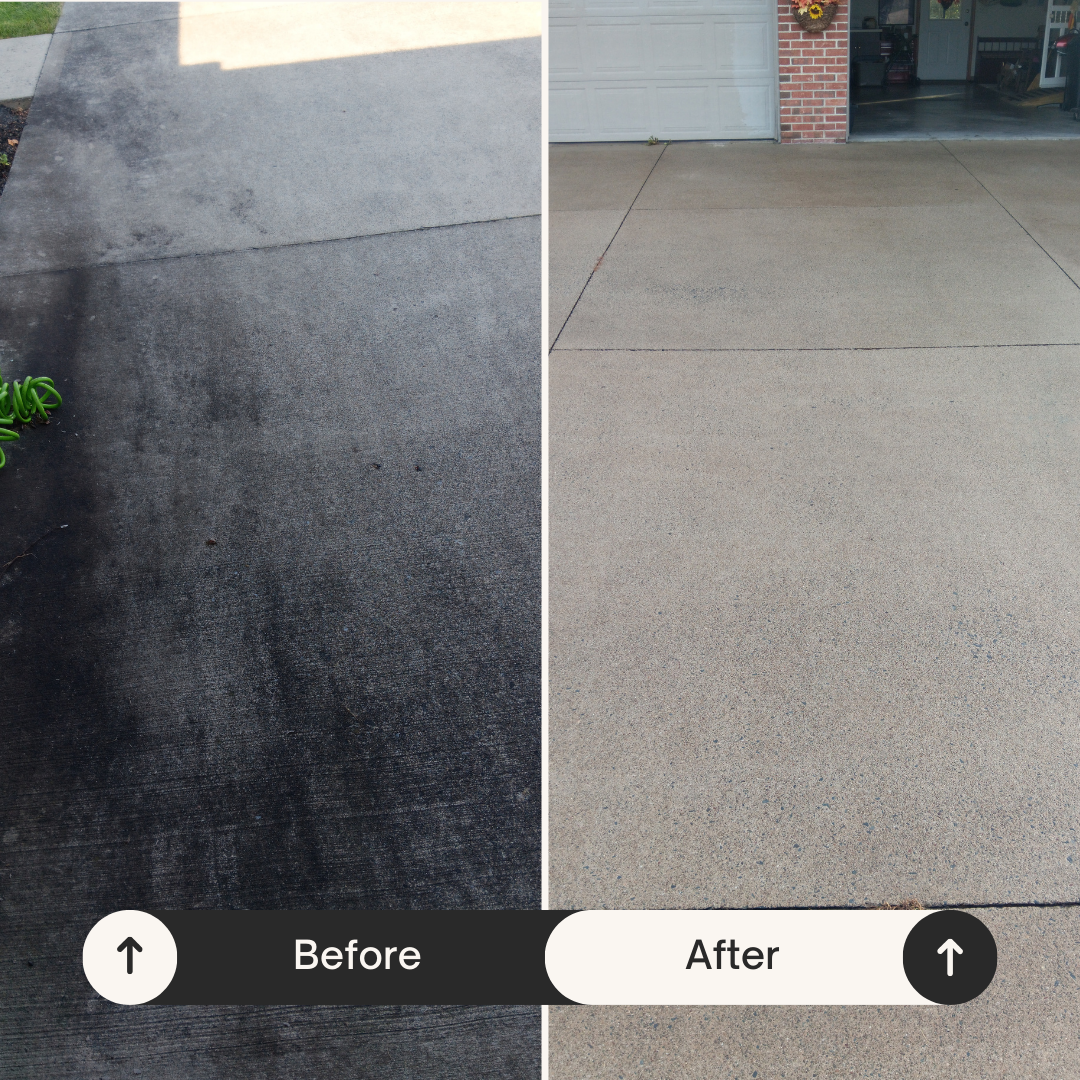 A before and after picture of a concrete driveway.