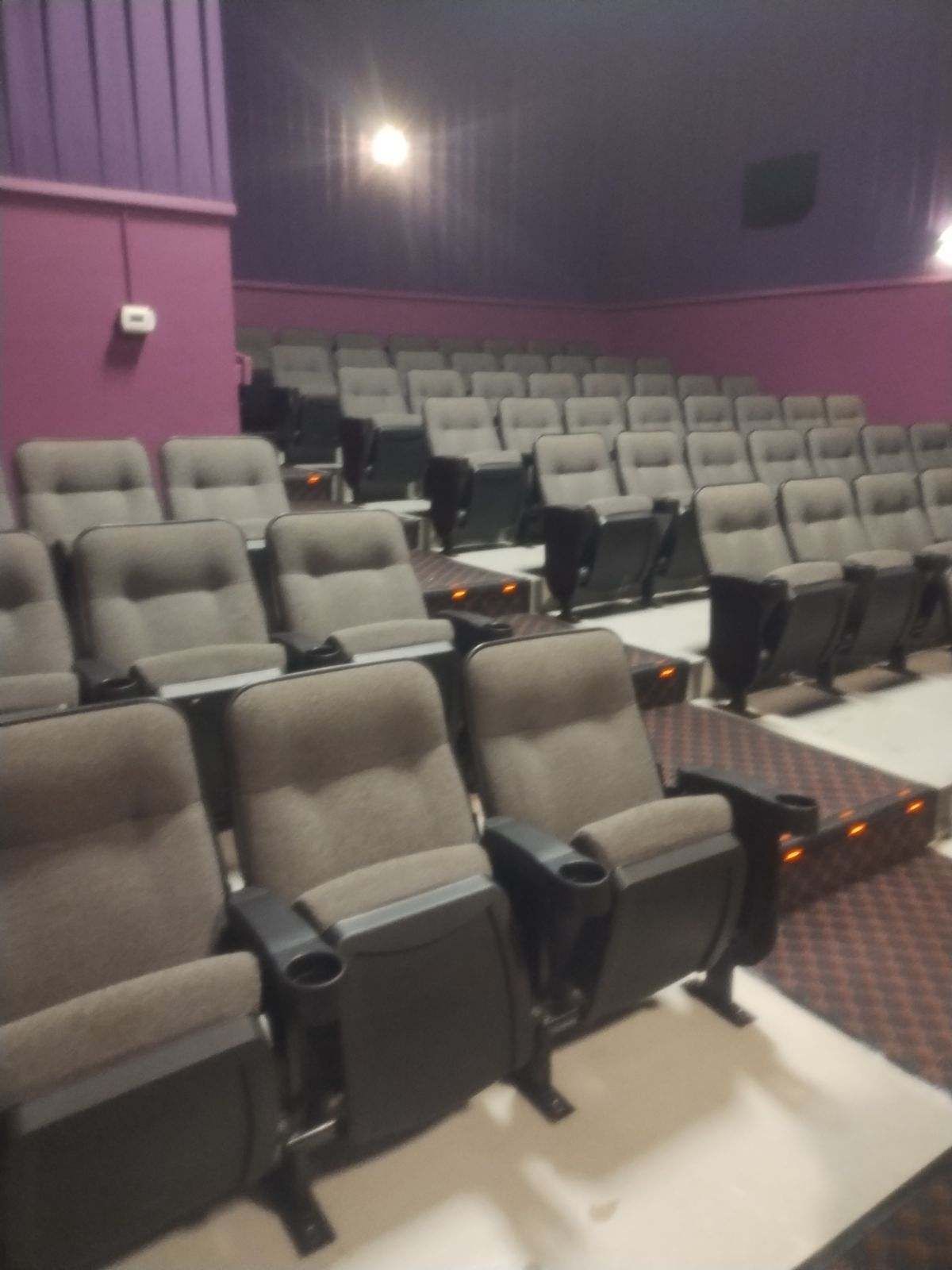 Rows of empty seats in an auditorium with purple walls