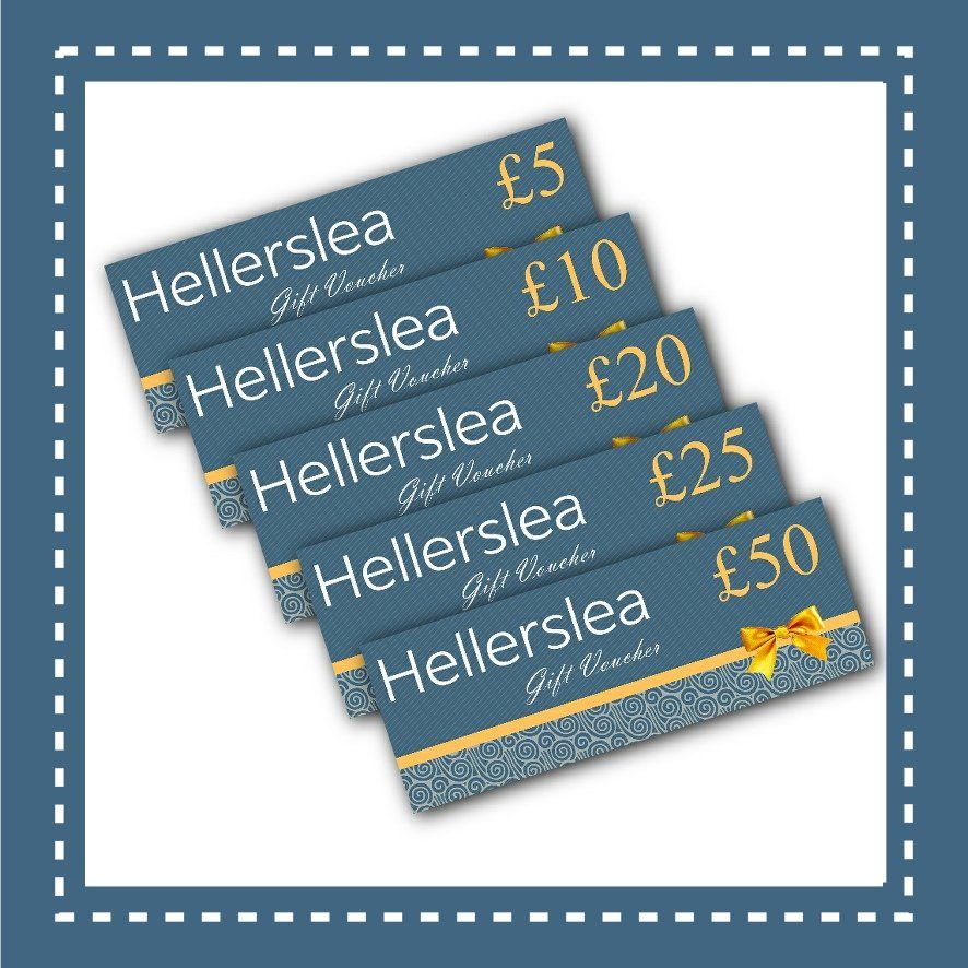 Gift vouchers from Hellerslea, ranging from £5 to £50, in blue and gold.