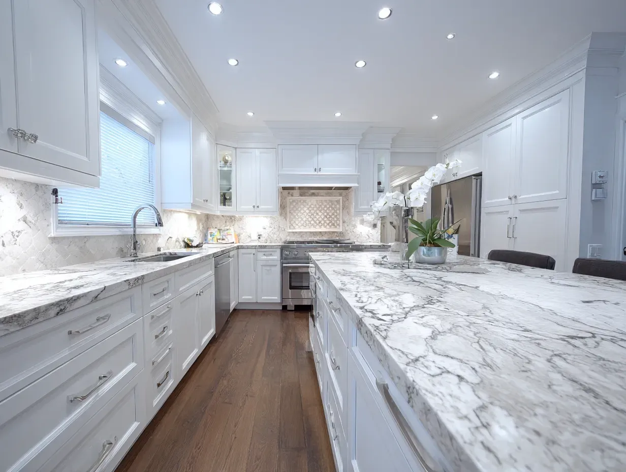 West End Vancouver condo kitchen remodel with space-saving cabinetry, quartz countertops, vinyl flooring, under-cabinet LED lighting, modern backsplash installation, and professional kitchen renovation contractors trusted in the West End community.