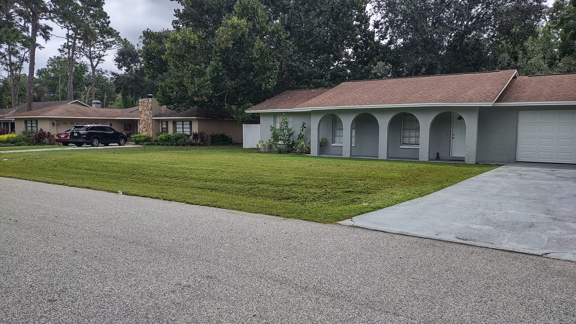 Houses with green lawns and a gray driveway on a sunny day.